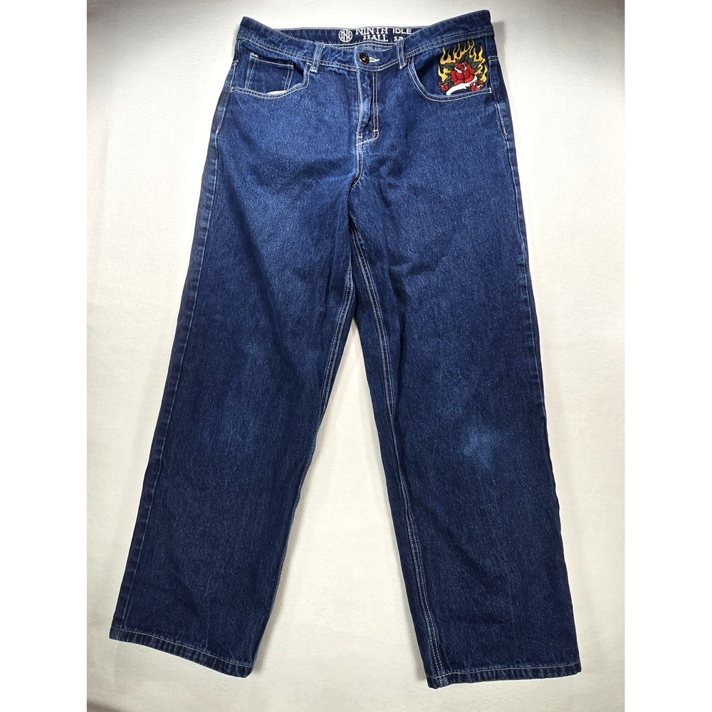 Ninth Hall Baggy Skate Jeans Blue Tattoo Embroidered Wide Leg Mens 36x30 Y2K